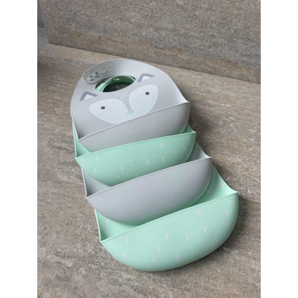 Set‎ of 4 Cloud Island Silicone BPA Free Reusable Baby Bibs Grey and Turquois
